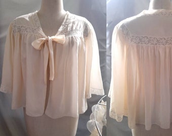 Vintage 50's Ivory Silk Semi Sheer Bed Jacket with Valenciennes, Boudoir Jacket