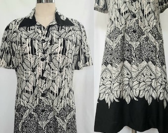 Vintage 70's Black and White Shirtdress, Op Art, Tromp d'oil Mix Print