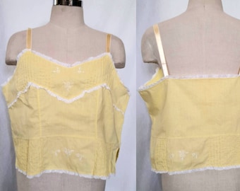 May include: A yellow camisole with white lace trim and delicate floral embroidery. The top features thin, adjustable straps and a pleated bodice. The garment is displayed on a mannequin, showcasing the front and back views of the design.