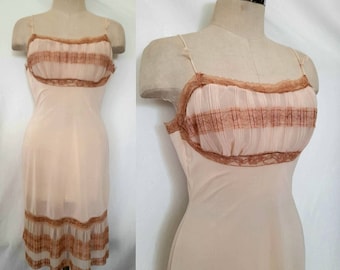 Vintage 50's Nude Nylon Slip Dress with Pleated Ruffle, Vintage Linģerie