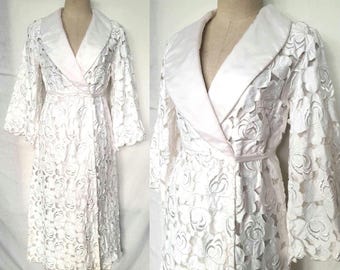 Fabulous Vintage Peignoir Robe with Cut Out Embroidery and Flare Sleeves, Bridal Robe, Old Hollywood Glam