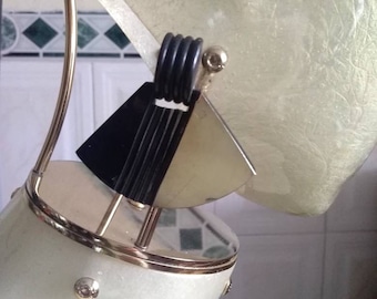 Vintage Oversized Buffalo Horn and Brass Clip On Statement Fan-shaped Earrings, Monies Vibes, Black and Gold
