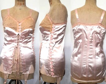 Vintage 30s Pink Satin and Nude Lace Corset, Girdle with Front Strings and Side Buttons, Vintage Lingerie
