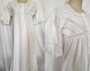 Early 20th Century Edwardian Nightgown with Beautifully Ribbed Bust and Brodery Anglaise Inserts, Antique Lingerie