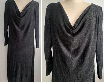 Vestido vintage de lúrex negro de los años 90 con escote drapeado, fabricado en Portugal