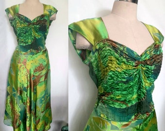 90's Beautiful Greenish Abstract Print Silky Dress, Embelished with Sequins, Fit and Flare