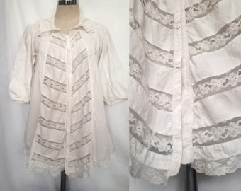 Veste boudoir asymétrique antique du début du 20e siècle, chemise, chemisier édouardien avec dentelle de Valenciennes