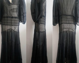 Vintage 40&#39;s Black Chiffon and Lace Semi Sheer Long Dress