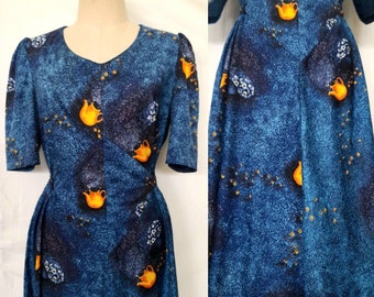 Vintage 70's Keops Royal Blue Novelty Print  Adjustable Dress
