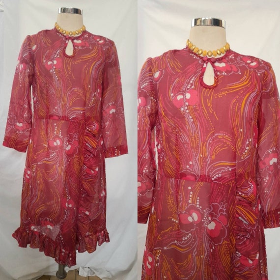 Vintage 70's, Dark Pink Semi Sheer Dress with Abs… - image 4