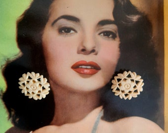 Vintage 40s 50s Clip-on  Carved Bone Floral Earrings, Pinup Earrings