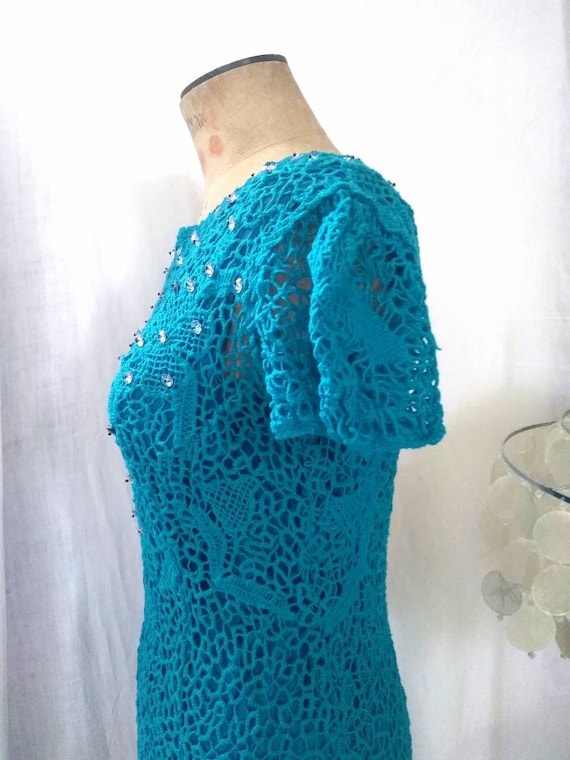 Vintage 60's Turquoise Irish Lace Crochet Dress, … - image 2