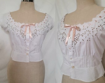 Early 20th Century French Corset Cover, Blouse with Eyelet Embroidery, Edwardian Undergarment