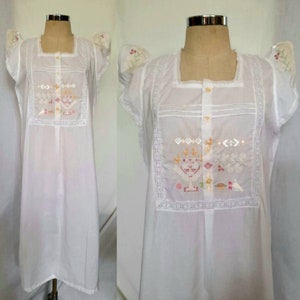 Romantic Vintage Cotton Nightgown Dress with Embroidered Bodice