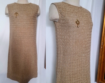 Vintage 70's Knitted Lurex Dress,  Gold Mod Style Dress, Made in Italy