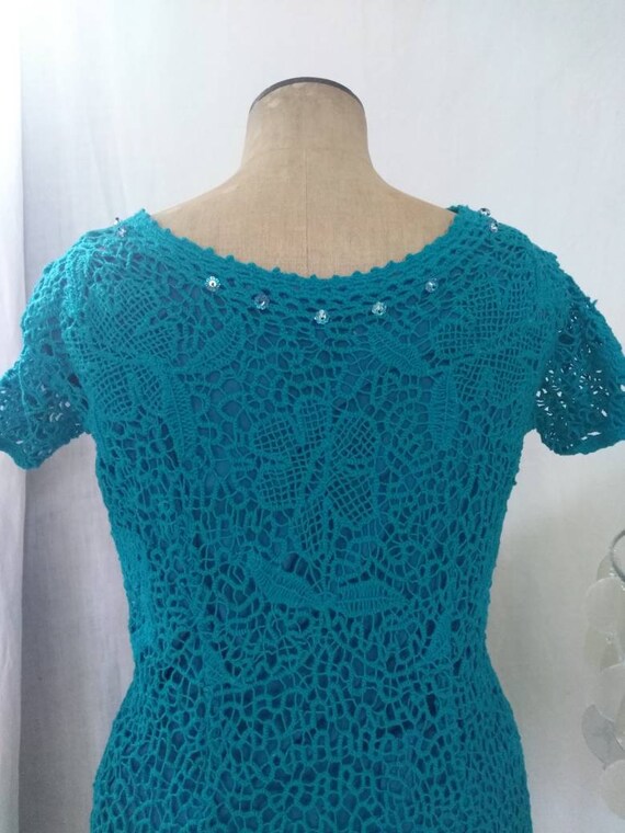 Vintage 60's Turquoise Irish Lace Crochet Dress, … - image 10