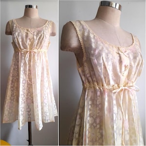 Vintage 50's, 60's, Cream Babydoll Dress, Mini Nightgown with Empire Waist and Sheer Floral Pattern