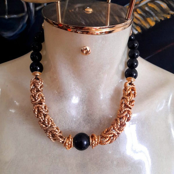 Vintage 80's Bozart Gold Tone Metal Chain and Black Beads Necklace Choker, Signed, Costume Jewelry