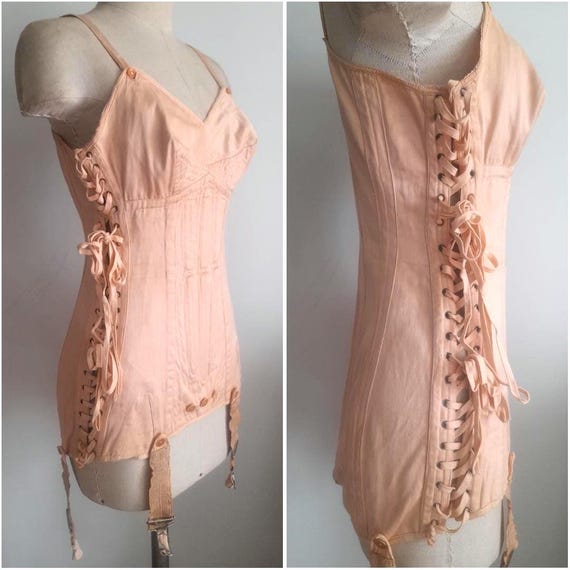 Vintage 30's 40's Peach Corselette, Bonned Corset Girdle With