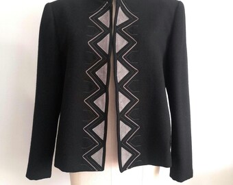 Vintage 80's Black Wool Jacket with Front Geometrical Design, Pure Wool