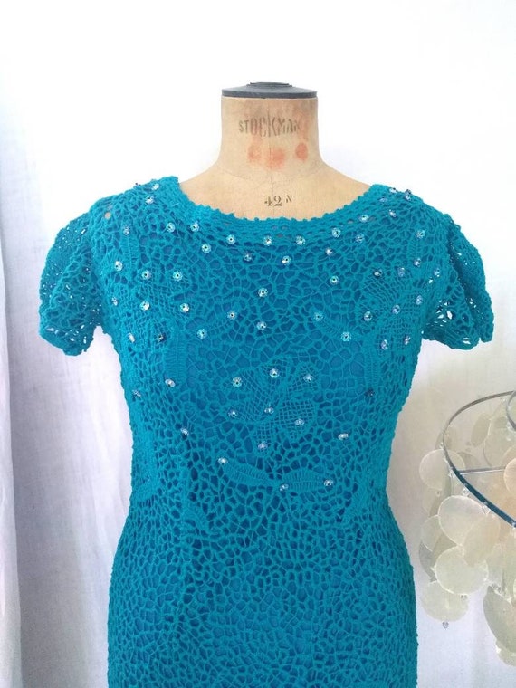 Vintage 60's Turquoise Irish Lace Crochet Dress, … - image 1