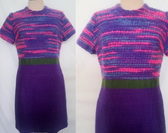 Vintage 60's Costume Made Wool Dress, Mod Dress, Vibrant, Psychedelic Colours