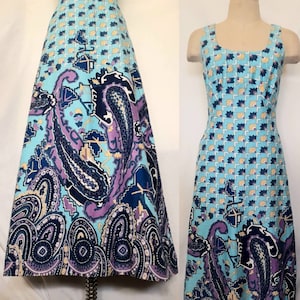 Vintage 70's Sleeveless Maxi Dress with Paisley Graphic Print, Summer Dress
