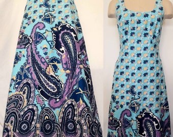 Vintage 70's Sleeveless Maxi Dress with Paisley Graphic Print, Summer Dress