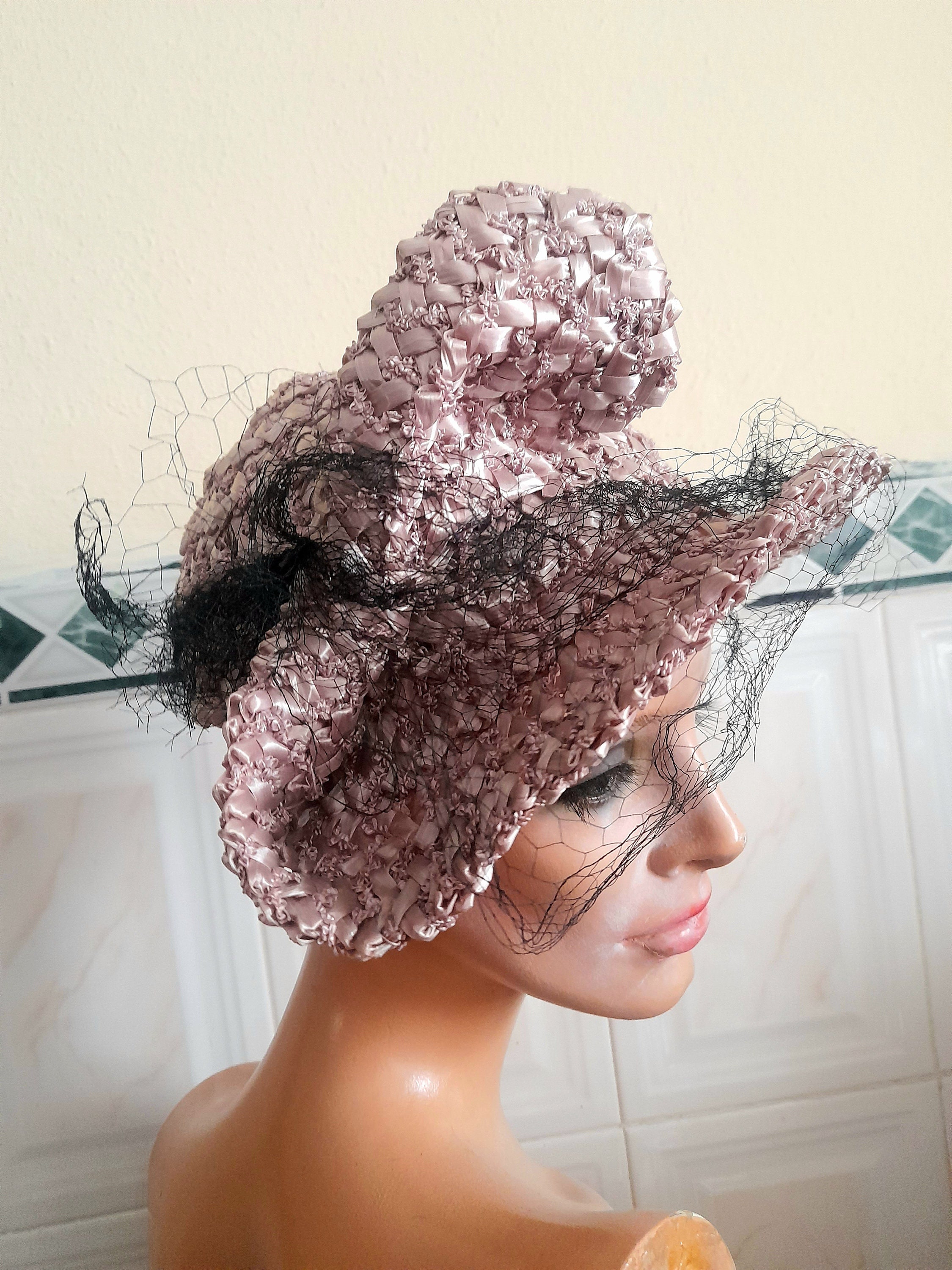 Chapeau Vintage Années 40 En Crêpe Plissé Avec Gros Nœud - Taille Unique, Noir Et Marron, Occasion