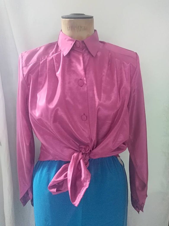 Vintage Vibrant Hot Pink Thai Silk Shirt Blouse - image 2
