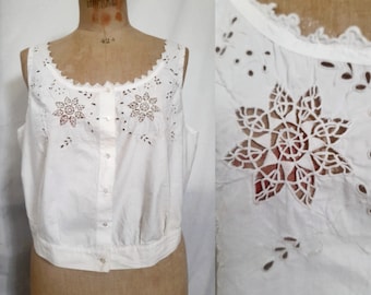 Early 20th Century Antique French Eyelet Corset Cover, Blouse, Crop Top, Edwardian Period, Plus Size