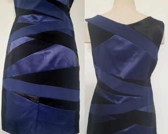 Early Y2K karen Millen Assymetrical  Sleeveless Dress, Black and Blue Patchwork Dress, Design Dress