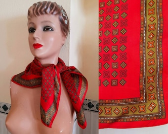 Vintage 70s Rayon Twill Red Scarf with Abstract Pattern