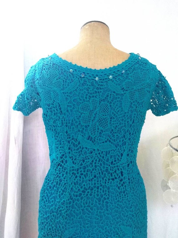 Vintage 60's Turquoise Irish Lace Crochet Dress, … - image 8