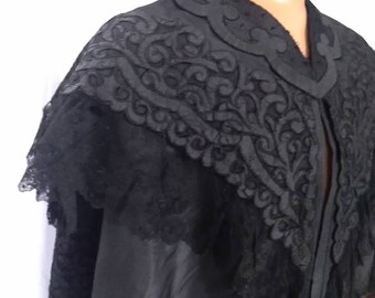 Antique Victorian Black Silk Exquisite Embroidery Lace Trimmed
