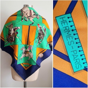 Vintage Hermès-Paris &quot;Le Monde du Polo&quot; Silk Twill Scarf, Design by Chantal de Crissey, Designer scarf, Collectible Scarf, Limited Edition