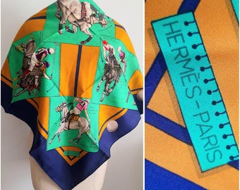 Vintage Hermès-Paris „Le Monde du Polo” jedwabny szalik z diagonalu, projekt Chantal de Crissey, szalik designerski, szalik kolekcjonerski, edycja limitowana