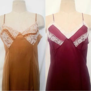 Set of two Vintage 60&#39;s Nylon and Lace Slip Dresses, Burgundi and Dark Yellow