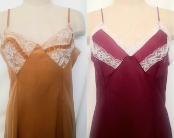Set of two Vintage 60's Nylon and Lace Slip Dresses, Burgundi and Dark Yellow