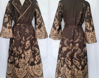 Vintage 70's Brown and Gold Lurex Peignoir Robe, with Flare Sleeves, Boudoir Jacket, Boho Chic
