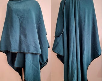 Vintage 70's 80's Teal Velvet Cape, Shawl with Black Trim