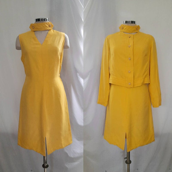 Vintage 60's Mod Costume Made Yellow Sleeveless Dress and Cropp Jacket, Removable Strap Collar