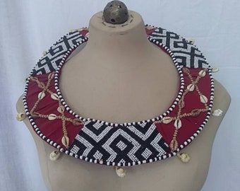 Vintage African Necklace Choker, Handmade Embroidered Trading Beads and Cowries, Kuba Geometrical Pattern, Tribal Jewelry