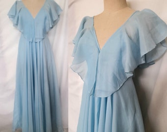 Vintage 70's Stunnig Sky Blue Chiffon Maxi Dress with Ruffled Neckline, Party Dress