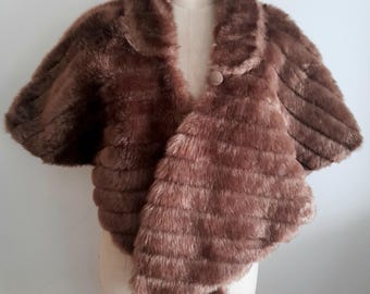 Vintage 50's 60's Light Brown Faux Fur Cape, Capelet