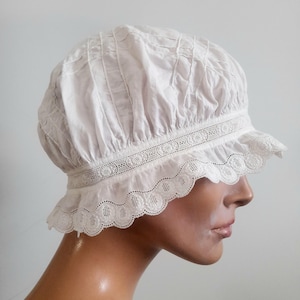 Antique 1910&#39;s-20&#39;s Cotton Boudoir Cap, Bonnet, with Broderie Anglaise Ruffle Trim,