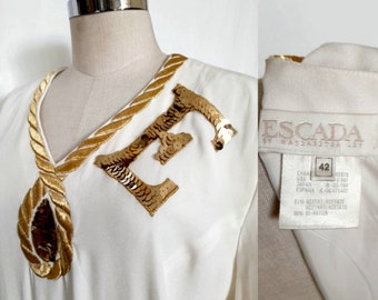 Vintage 80's Escada Ivory White  Dress with Gold Embroidered Neckline and E logo