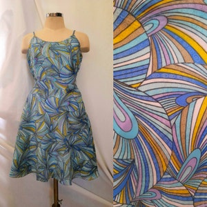 Vintage late 60&#39;s, early 70&#39;s  Psychedelic Print, Mod Mini Dress with Braided Straps