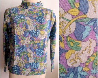 Suéter vintage de cuello alto de los años 60 y 70 con estampado floral vibrante, estilo moderno, Flower Power