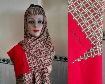 Beautiful Yves Saint Laurent Oversized 1970's Scarf, Shawl, Red with Signature, Geometrical Pattern and Fringe